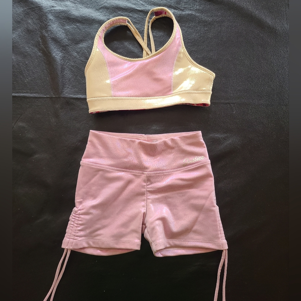 Justice Girls Pink and Gold Dance Set - Sports Bra & Shorts